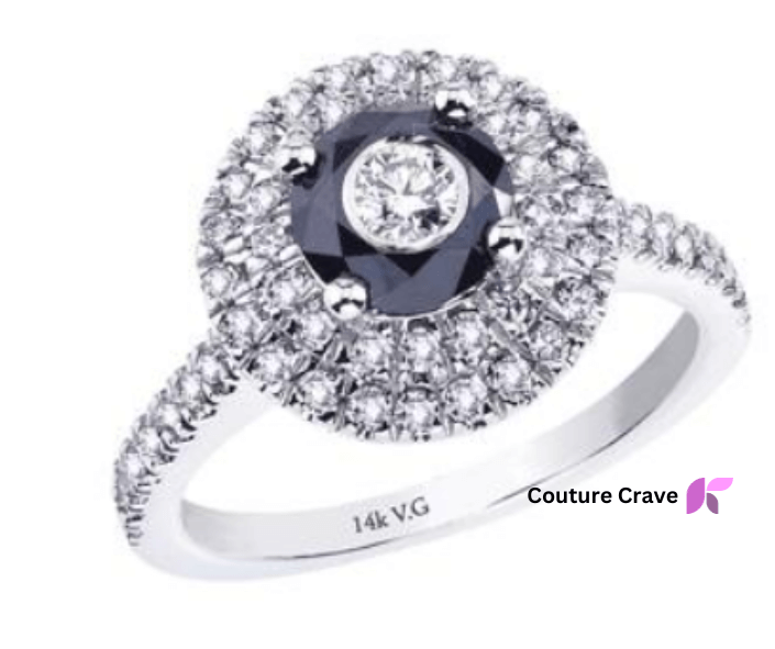 14K white gold, black and white round diamond engagement ring
